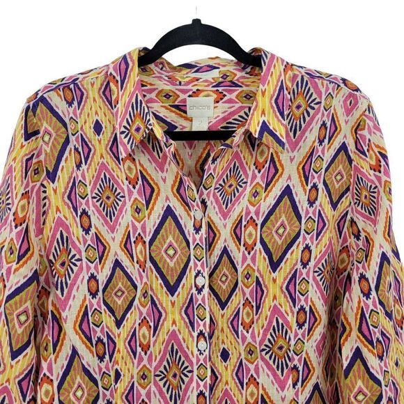 Chico's Top Blouse NO-IRON Ikat Linen Button-Back Shirt Size 2 Pink Southwestern - Picture 6 of 11
